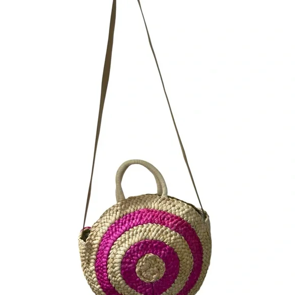 Unbranded Corn Husk Circle Beach Tote Pink Pom Poms 47 inch Leather Strap Boho - Picture 3 of 9